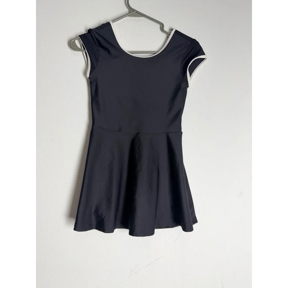 Girls Black Strappy Back Dance Leotard Skater Dress White Trim Size L 10-12